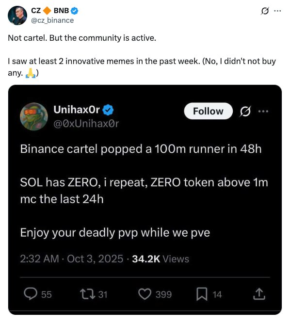 CZ tweet mentioning ZERO token